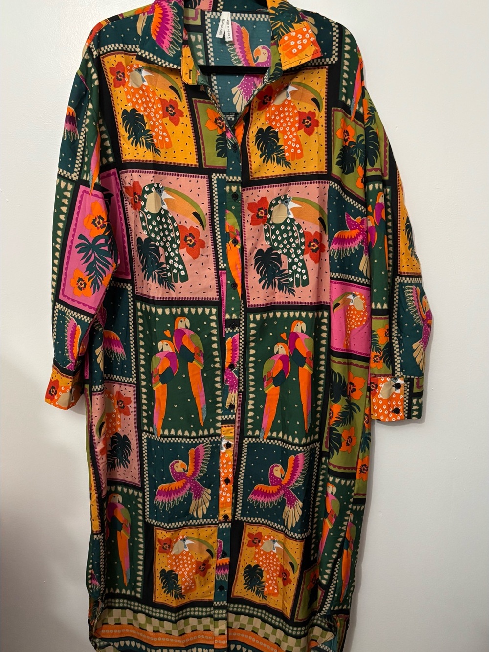 Live 4 Truth Tropical Parrot Print Midi Shirt Dress - Green, Pink, Yellow